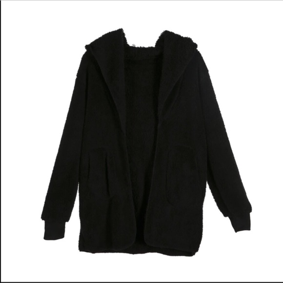 2 Left! Black Hooded Teddy Sweater with Pockets - Picture 5 of 7